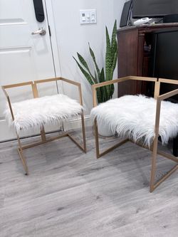 Gold Metal Accent Chairs with Faux Fur Seats – Set of 2