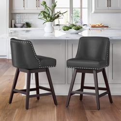 26 Inch Bar Stools Set of 2, Dark Gray Swivel Counter Stools with Back, Faux Leather Upholstered Barstools, Solid Wood Legs with Footrest, Modern Bar 