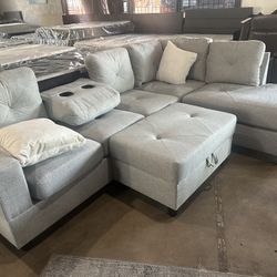 New Light Gray Sectional w/ Ottoman - $0 Down, Flexible Payments Available 