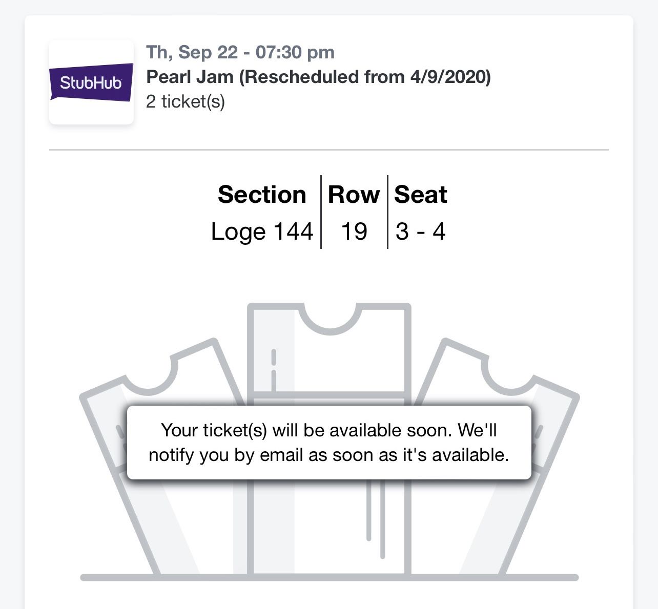 Tonight Pearl Jam Tickets - FLOOR SEATS - Row 19 Seats 3&4