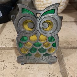 Vintage Stained Glass Green/Yellow Owl Napkin Holder