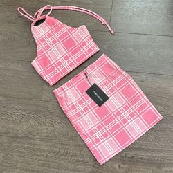 Pink Plaid Halter Top Skirt Set