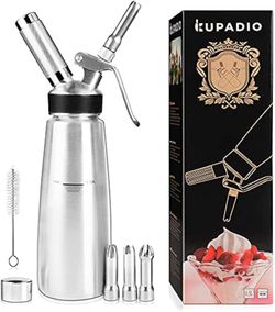Professional-grade stainless steel whipped cream dispenser with a 0.5L capacity. This silver canister has a matching metal head and includes three sta