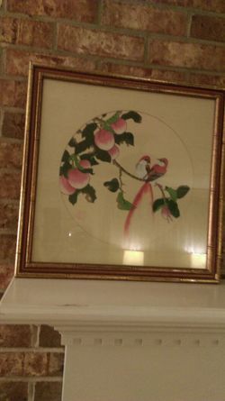 Vintage Japanese silk painting wood frame
