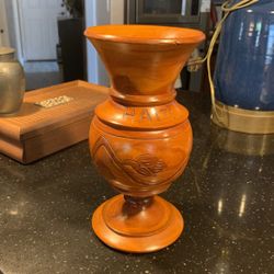 Haiti Artisan Handcrafted Brown Wooden 10" High Vase. Great Condition