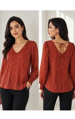 nine britton Rust V-Neck Tie-Back Puff Sleeve Blouse