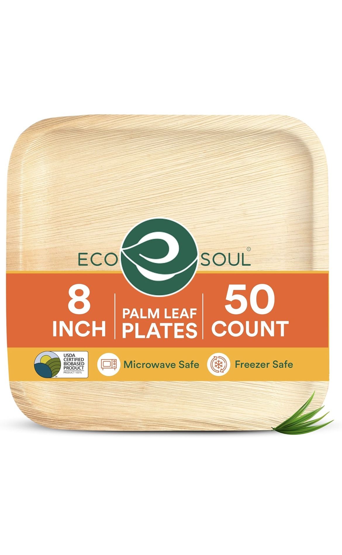 ECO SOUL Compostable 8 Inch Palm Leaf Square Plates (50 Count) Like Bamboo Plates | Biodegradable | Eco-Friendly, Microwave & Oven Safe