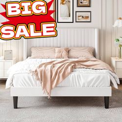 Big Sale Queen Size Velvet Bed Frame with Vertical Channel Tufted Wingback Headboard, Upholstered Platform Bed with Wood Slats, No Box Spring Needed,