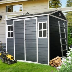 8 x 6 ft Resin Outdoor Storage Shed Waterproof Shed with Floor & Two Windows & Lockable Door, Tool Shed for Garden, Patio, Backyard