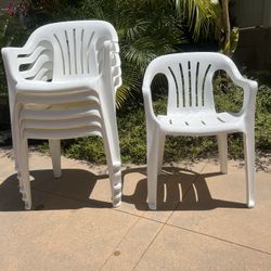 6 Sturdy white Outdoor Patio Chairs W/ Armrests - Stackable - Like New