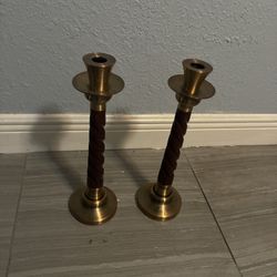 Pair Of Vintage Turned Wood Brass