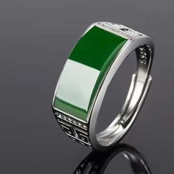 Men Jade Stone Silver Ring Adjustable 