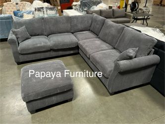 New Plush Dark Grey Sectional Sofa And Ottoman, Sectionals, Sofa, Couch, Grey Couch, Grey Sofa, L-Shaped Sofa, Plush Sectional Couch,Living Room Sofa.