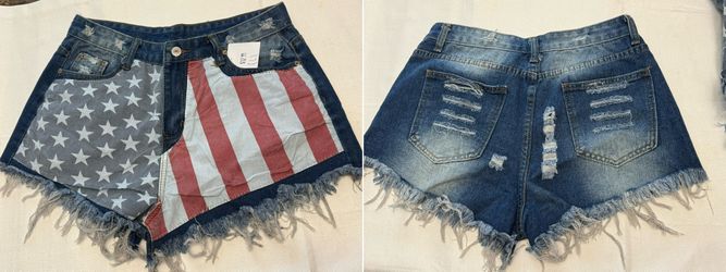 Boutique Destresed Denim Patriotic Stars and Strips Shorts Two sizes available: Large & XL