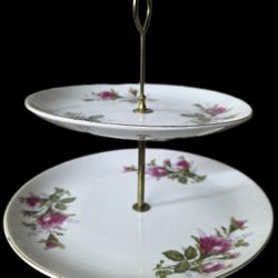 Vintage 2 Tiered Porcelain Candy Dish Bonbon Server with Pink Roses