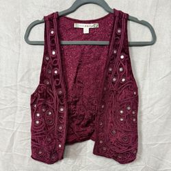 Vintage Maroon Velvet Vest with Mirrored Embroidery, Size Small Chelsea & Violet