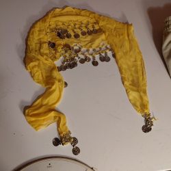 yellow belly dance hip scarf with gold coins. 