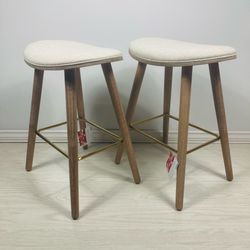 Cream Upholstered Counter Stools with Whitewashed Wood Frame (Set of 2)