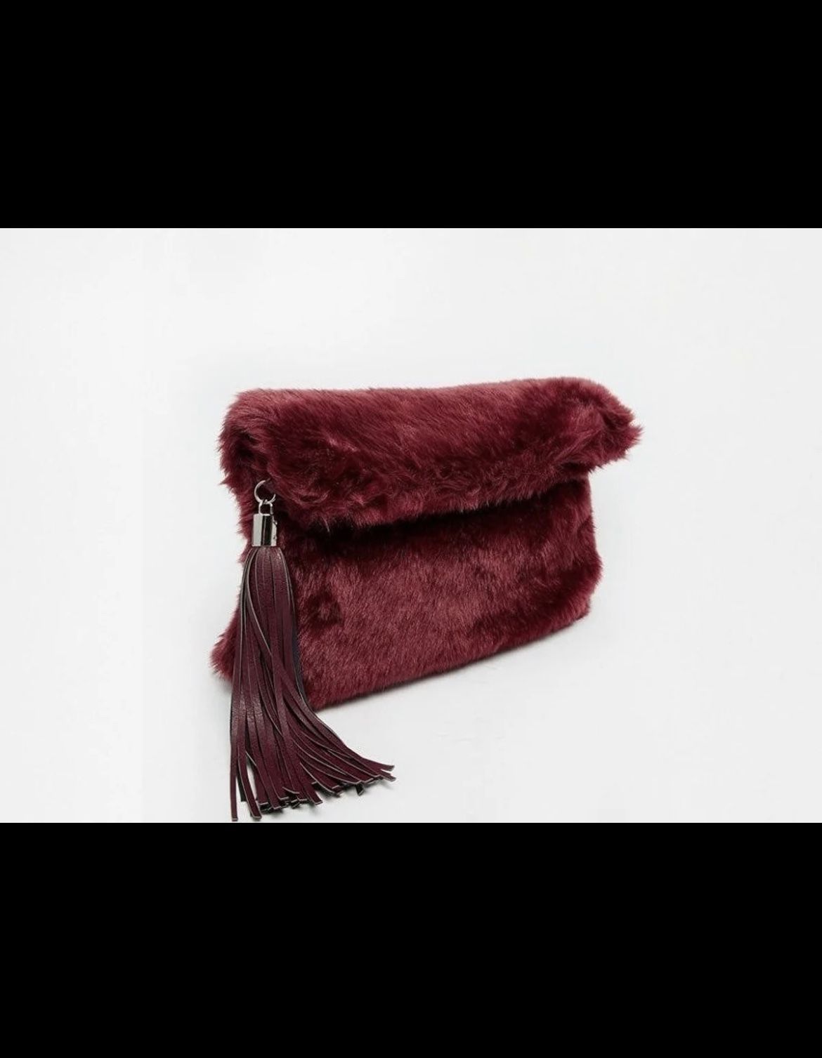 ASOS Burgundy Faux Fur Roll Top Clutch with Chunky Tassel