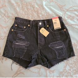 Levi's 501 High Rise Cut Off Distressed Black Denim Shorts Women Size 29
