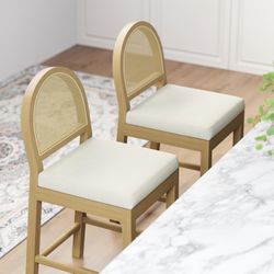 Upholstered Wooden Rattan Bar Stools Set of 2, Island Chairs - BRAND NEW IN BOX