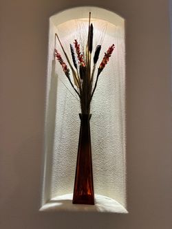 Tall Amber Glass Vase with Dried Floral Arrangement