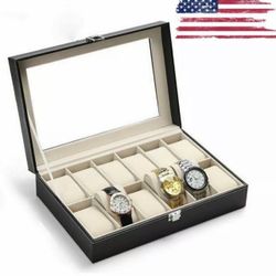 24 Slots Leather Men Women Watch Box Display Glass Top Jewelry Case Organizer