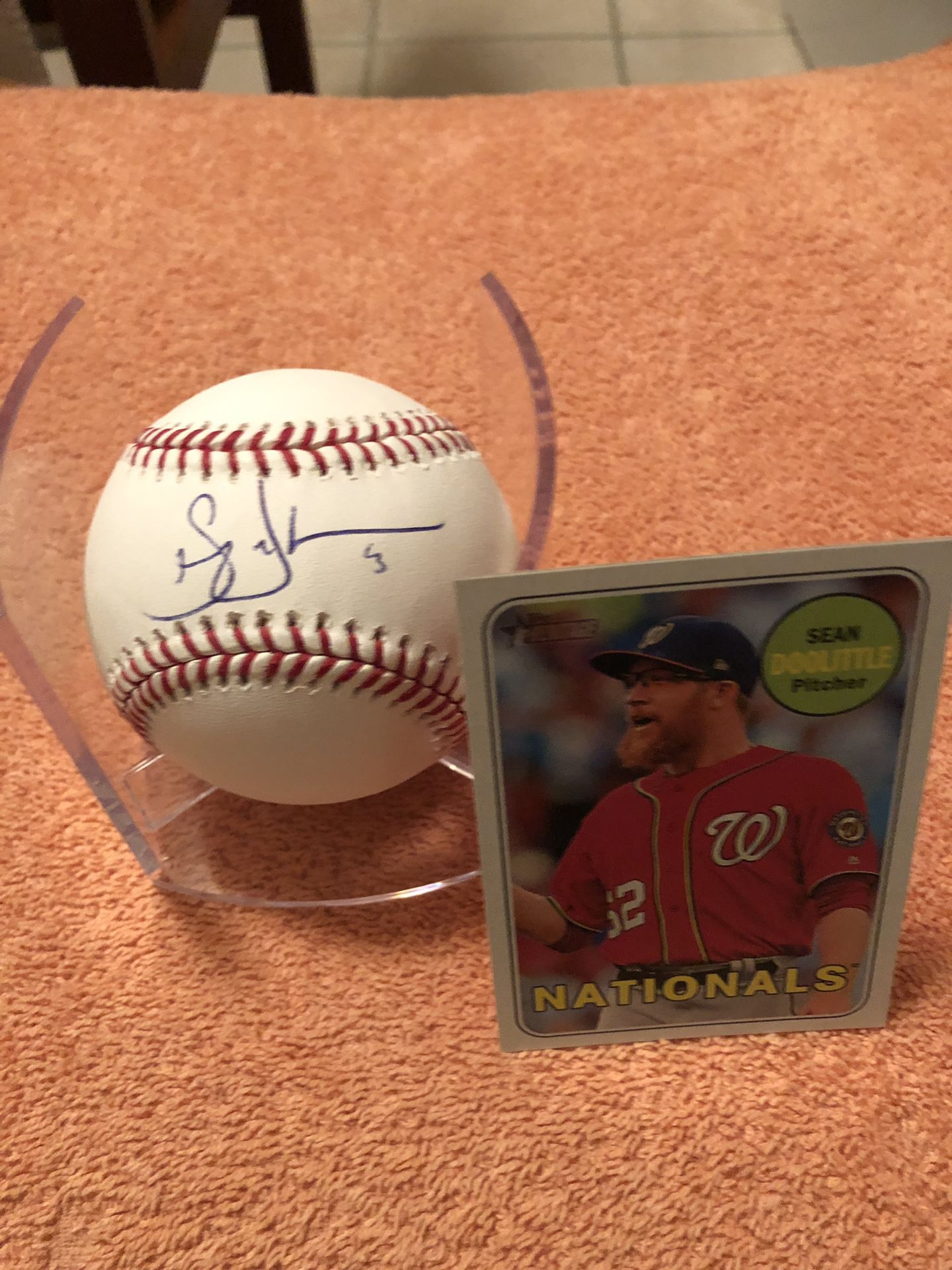 Sean Doolittle Autographed Rawlings Official Major League Baseball & 2019 TOPPS Heritage Baseball Card!