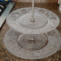 Tiara Sandwich Glass 2-Tier Tray Plates on Stand.