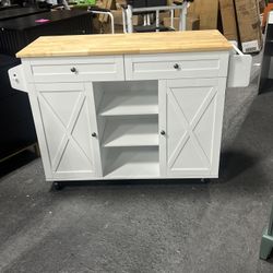 Kitchen Island On Wheels, Rolling Kitchen Island Cart with Drop Leaf Countertop, Barn Door Kitchen Islands Table with Storage Cabinet and Tower Rack, 