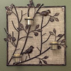 Bronze Metal Bird And Candle Holder Picture (16” Square)