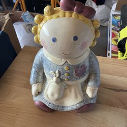 Treasure Craft Girl Rag Doll Cookie Jar 9"w x 9"d x 13"h Vintage