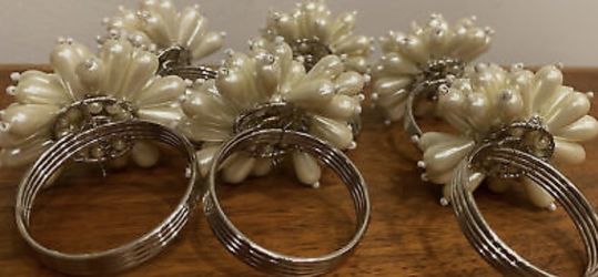 Vintage Lot of 6 Pearl Cluster Beaded Napkin Rings Faux Metal