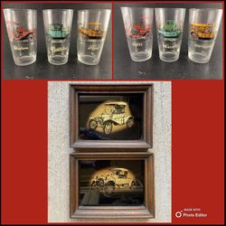 Antique Automobile Lot: Set of 3 Hazel Atlas Glasses, 2 Wood Framed Antique Car Pics