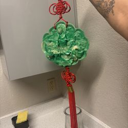 Chinese Culture Red Knot Goddess & Dragon Resin Green Faux Jade Wall Hanging