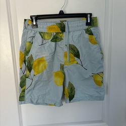 Men size small Blue and yellow lemon print swim shorts