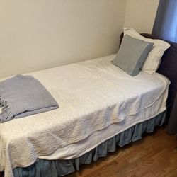 Vintage wood twin bed set - includes mattress, box springs, & bedding