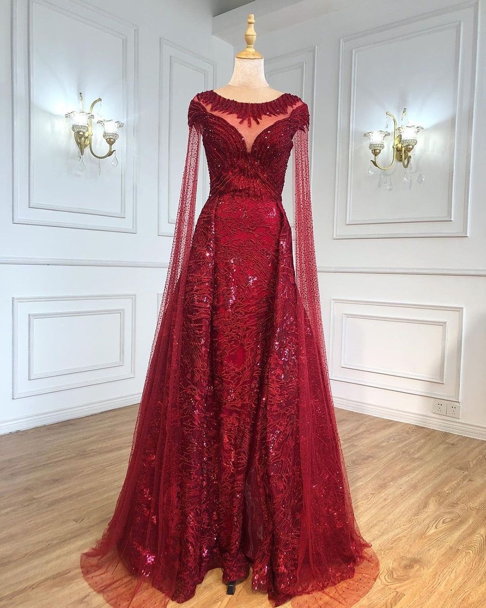 Burgundy Prom Evening Gown With Attached Skirt