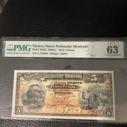 1914 …..5 Pesos Peninsular Mexicano 