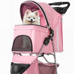 3 Wheels Pet Dog Cat Stroller for Small Medium Dogs Cats, Lightweight Foldable Jogger Stroller w/Storage Basket and Cup Holder,