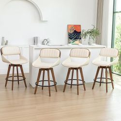 Set of 4 Swivel Counter Stools - 26.4 inch Mid Century CounterStools with Upholstered Faux Leather, Walnut Crafts, Bamboo Legs, Kitchen Stools for Kit