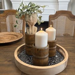 Three wood bamboo pillar candle holders