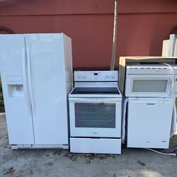 Whirlpool White Refrigerator Stove Dishwasher & Microwave Set; Combo