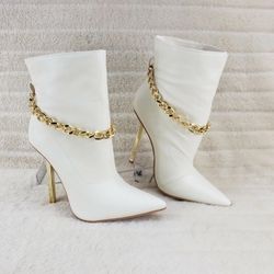 Venomous White Pointy Toe Spike Stiletto Heel Ankle Boots Gold Tone Chain