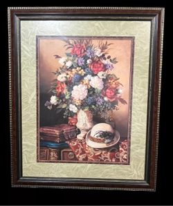 Vintage HOME INTERIOR LARGE FLORAL BOUTIQUE HAT BRIEFCASE DESIGNER PICTURE RARE 34"x28"