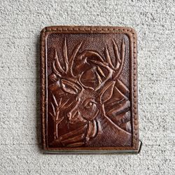 Vintage 1970s Tooled Leather Bifold Money Clip Wallet – Deer & Geometric Design – Handmade