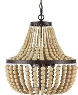 Chandelier In Bronze With Natural Faux Wood Beaded Shades Bohemian 3 Light Dimmable