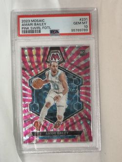 The 2023 Panini Mosaic #231 Amari Bailey Pink Swirl Fotl Prizm Rookie RC 13/18 PSA 10 trading card is a highly sought-after collectible item for baske