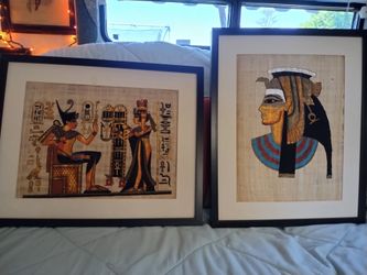 Vintage Egyptian Papyrus Paintings 2 Beautifully Framed Certificate of Authenticity on the back with signature 20 1/2"x 16 3/4" Home Decor/Egyptian Ar