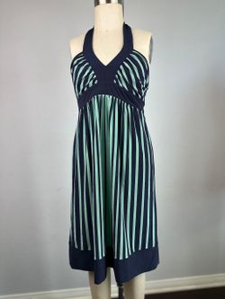 Bcbgmaxazria Halter Dress Navy Teal Striped Sleeveless Size XXS